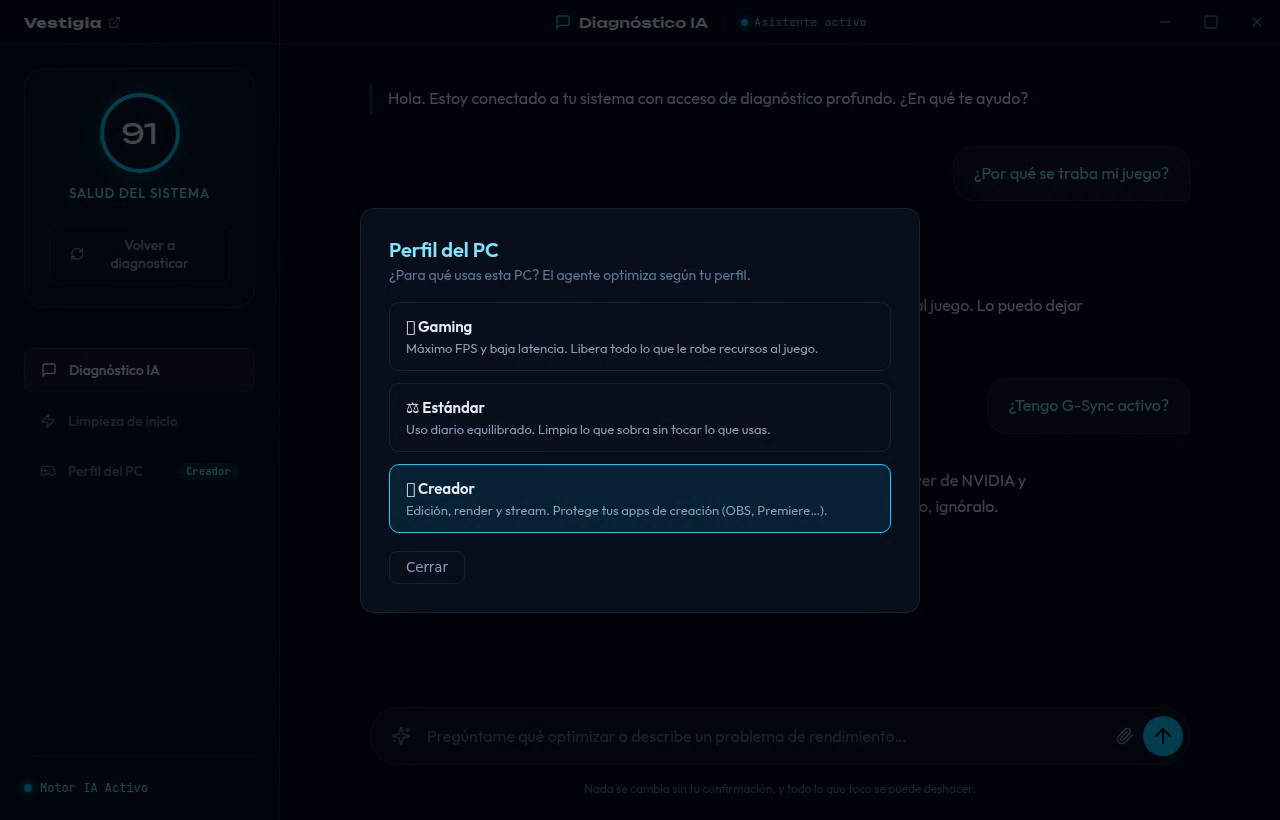 Selección de perfil Gaming, Estándar o Creador